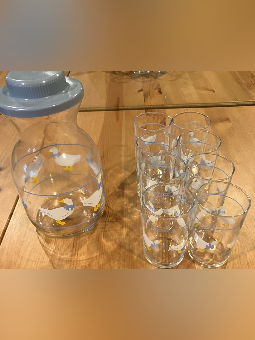 GUC Vintage Libbey Country Goose Blue Ribbon 8-4” Glasses & Carafe 2”w/Blue Lid